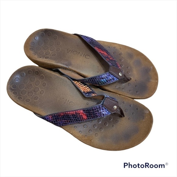 Vionic Sandals Flip Flops Snakeskin Sz 8 Leather Pink - Picture 1 of 4